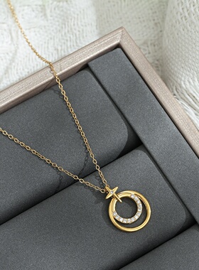 2026真金电镀微镶锆石气质锁骨链女小众设计感圆圈四芒星项链精致