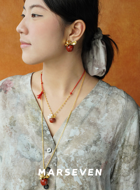 MARSEVEN 金色转花珍珠花小苹果项链 原创设计师吊坠红色礼物默叙