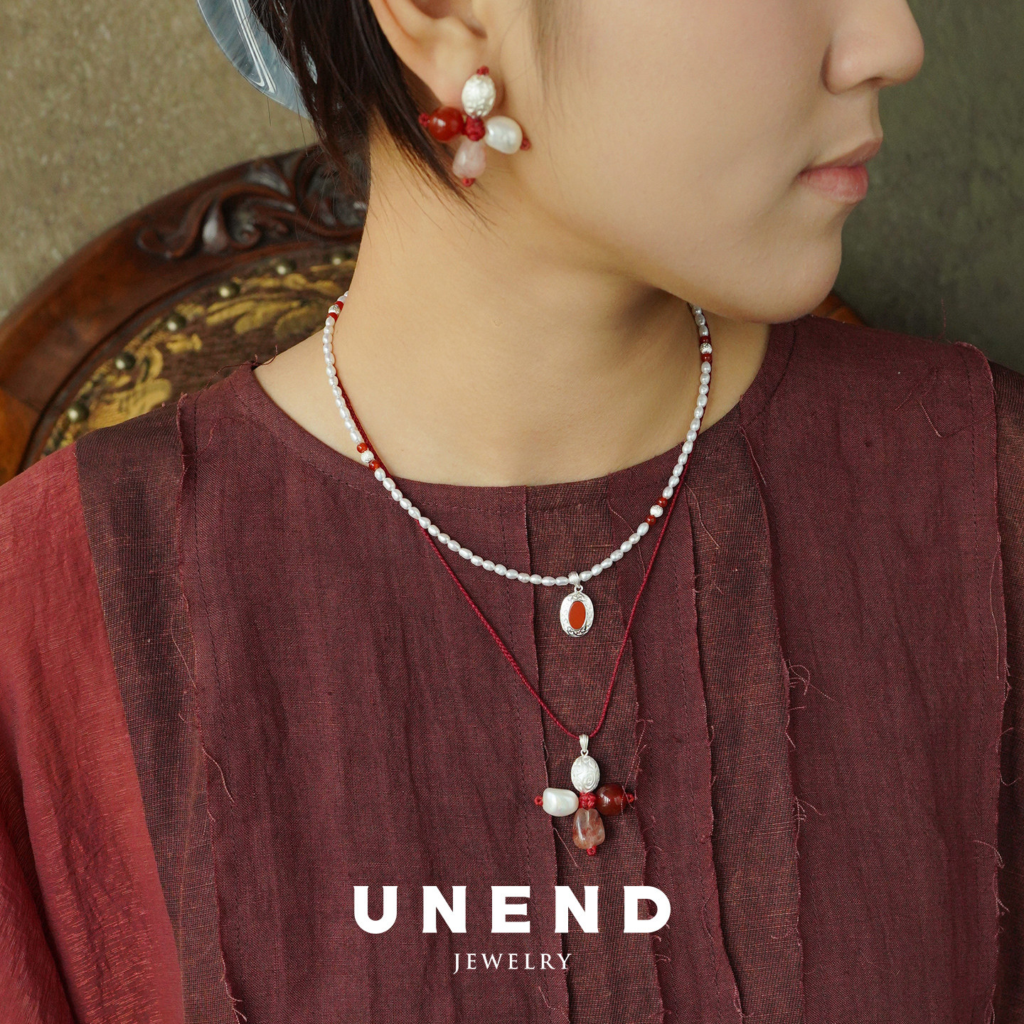 UNEND止续 安蕾耳环 纯银红玛瑙淡水珍珠红胶花原创设计耳钉默叙,淘宝优惠券,粉丝福利购,淘宝优惠卷