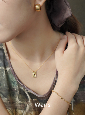 镶石方格吊坠锁骨链项链