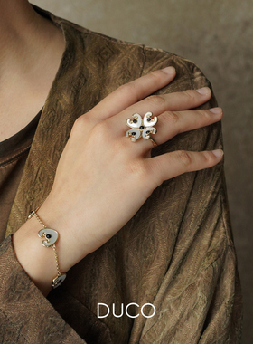 DUCO 四叶草白贝母戒指 纯银原创小众设计师个性复古金色 默叙