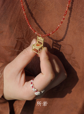 SERENESS所若 精灵的许愿椅金太阳石项链 纯银原创设计红色毛衣链