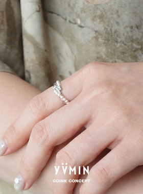 YVMIN尤目925银珍珠串肌理银戒指