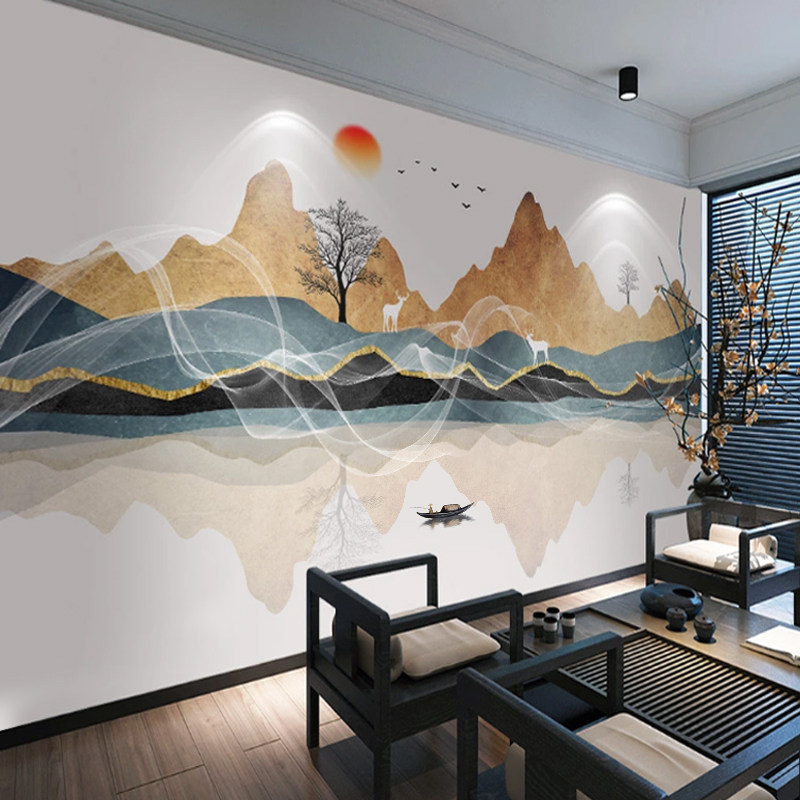 3d立体壁画新中式山水客厅电视背景墙贴画轻奢几何墙纸自粘墙画贴_虎窝淘