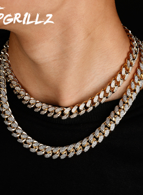 欧美Hiphop14mm嘻哈男士古巴大金链潮牌小众明星同款镶锆石项链