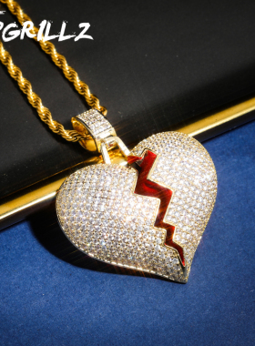 欧美潮人个性hiphop满锆石男女情侣款心碎Broken Heart嘻哈项链