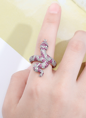 新品欧美ins冷淡风手饰品彩色蛇戒指微镶锆石指环夸张戒指