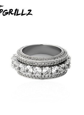 欧美INS爆款五排锆石可旋转指环镶嵌满锆石嘻哈情侣个性旋转戒指