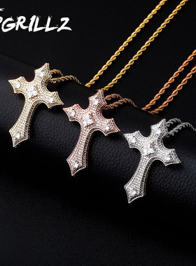 欧美INS复古十字架吊坠满锆石个性潮人嘻哈男女蹦迪毛衣项链