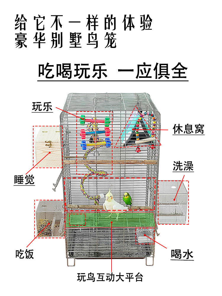 不锈钢鸟笼子横丝玄凤专用鹦鹉笼子方笼家用豪华别墅繁殖八哥鸟笼 - 图0