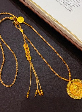 金包银古法五路财神五帝钱毛衣链高级复古新中式毛衣链