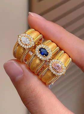 金包银点钻中古鸽子蛋戒指宽版镶嵌高碳钻新款女