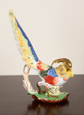 铜镶陶瓷欧式客厅彩绘锦鸡摆件品
