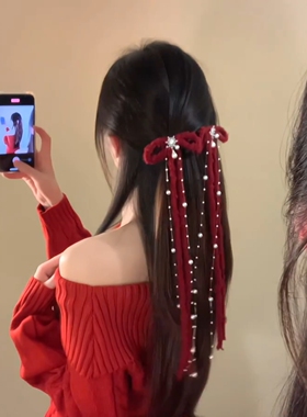 冬日的温柔～红色蝴蝶结发夹侧边女2025新款丝绒高级感圣诞节新年