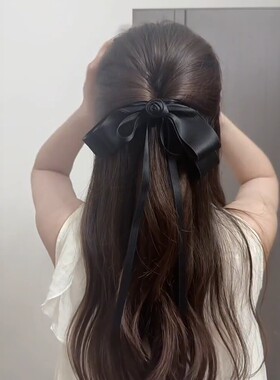 韩系复古黑色山茶花蝴蝶结飘带发夹女2026新款后脑勺马尾发卡头饰