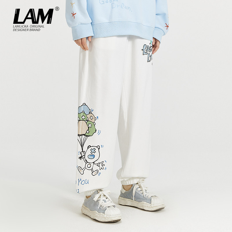 LAMLICKA国潮熊猫印花男秋季宽松运动休闲卫裤情侣束脚白色长裤女,淘宝优惠券,粉丝福利购,淘宝优惠卷