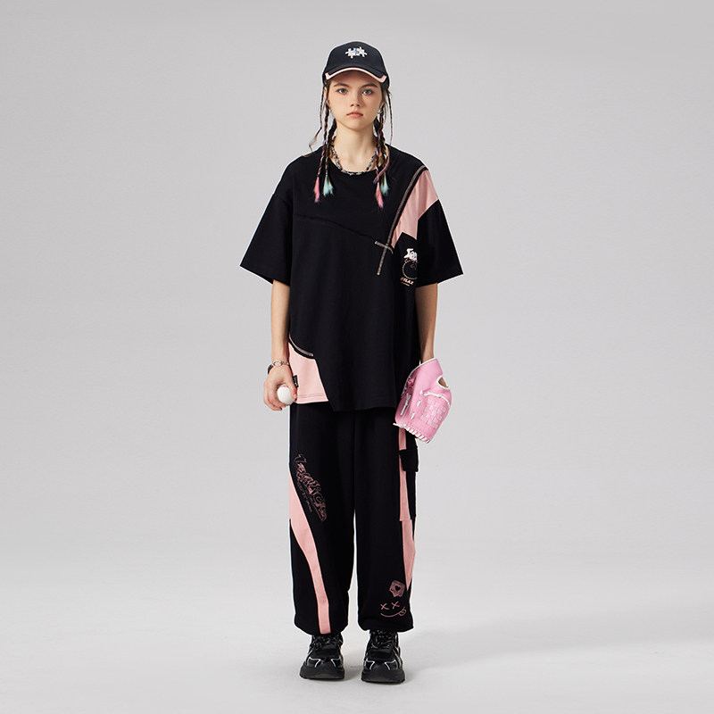 LAMLICKA夏季拼接撞色粉色短袖男潮牌纯棉T恤嘻哈薄落肩体恤宽松,淘宝优惠券,粉丝福利购,淘宝优惠卷