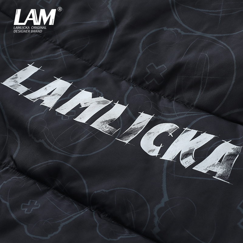 LAMLICKA LAM国潮满印小熊字母宽松连帽开衫棉服男廓形多口袋外套 - 图2