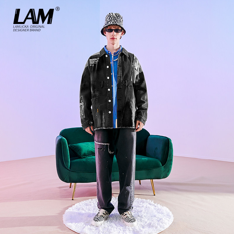 LAMLICKA小恶魔破洞秋季牛仔外套男潮牌宽松撞色拼接复古夹克外套,淘宝优惠券,粉丝福利购,淘宝优惠卷