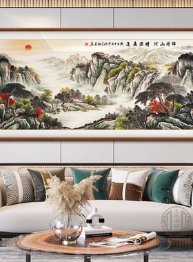流水生财客厅山水画手绘真迹茶室背景墙装饰画中式办公室山水挂画