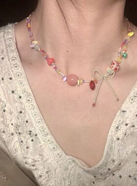 「草莓泡泡」夏日小众设计感蝴蝶结红心甜美彩色串珠项链ins颈链
