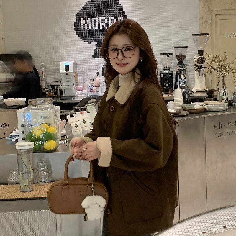 两面穿加绒短款外套女秋冬皮毛一体翻领麂皮绒复古羊羔毛棉服工装,淘宝优惠券,粉丝福利购,淘宝优惠卷