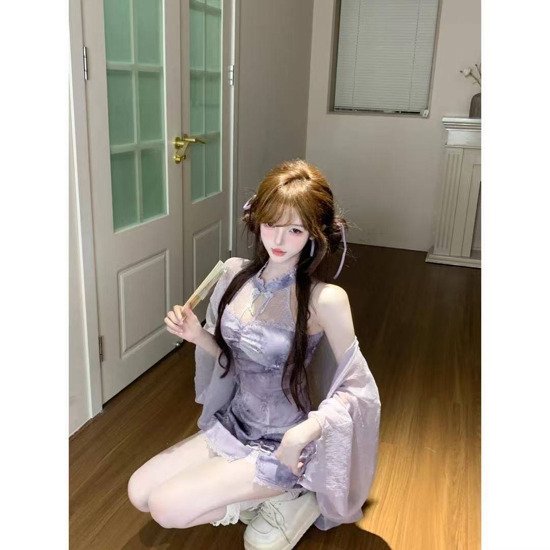 新中式国风短裙两件套装初春秋收腰设计感蕾丝挂脖开衫旗袍连衣裙,淘宝优惠券,粉丝福利购,淘宝优惠卷