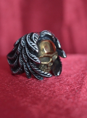 镀金羽毛骷髅头首饰品钛钢戒指