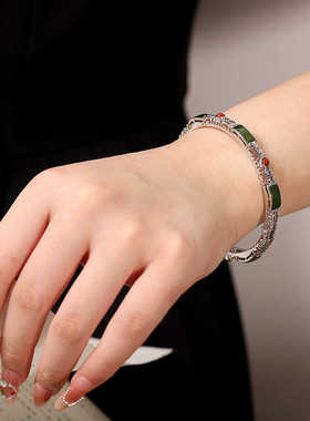 无事牌天然和田碧玉s925纯银手镯