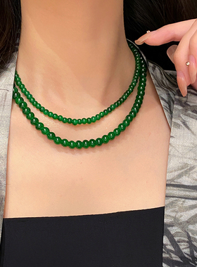 绿色玉髓翡翠色系串珠项链元宝扣