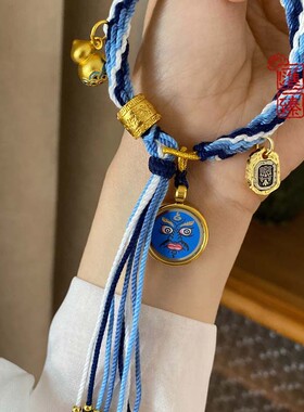 手绘蓝财神大黑天扎基拉姆葫芦小唐卡手绳蓝色男女款可调节手链