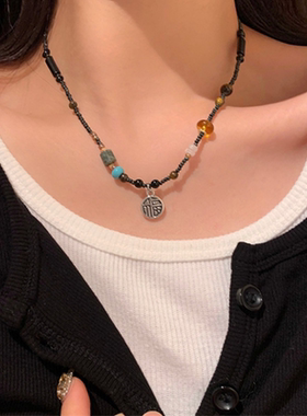 国风醒狮福牌项链女复古风锁骨链新中式国潮毛衣链