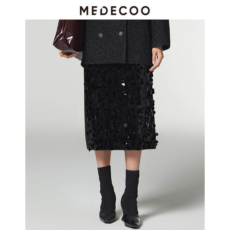 MEDECOO/墨蒂珂2025冬新款女装亮片装饰直身半身裙一步裙MID70217,淘宝优惠券,粉丝福利购,淘宝优惠卷