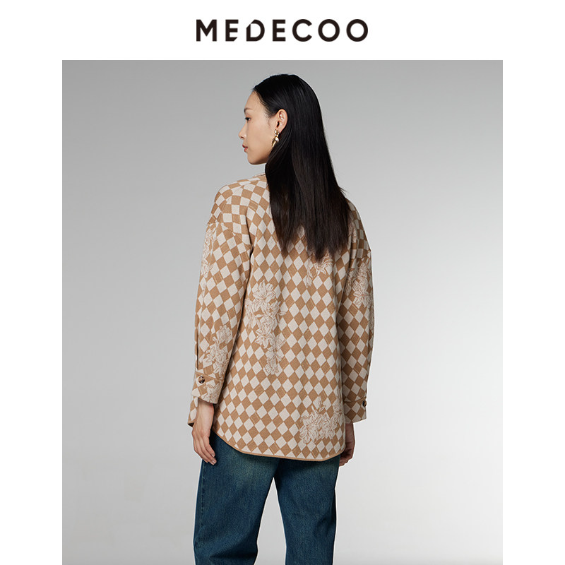 MEDECOO/墨蒂珂2024秋季新款格子印花衬衫式羊毛针织开衫MID40203,淘宝优惠券,粉丝福利购,淘宝优惠卷
