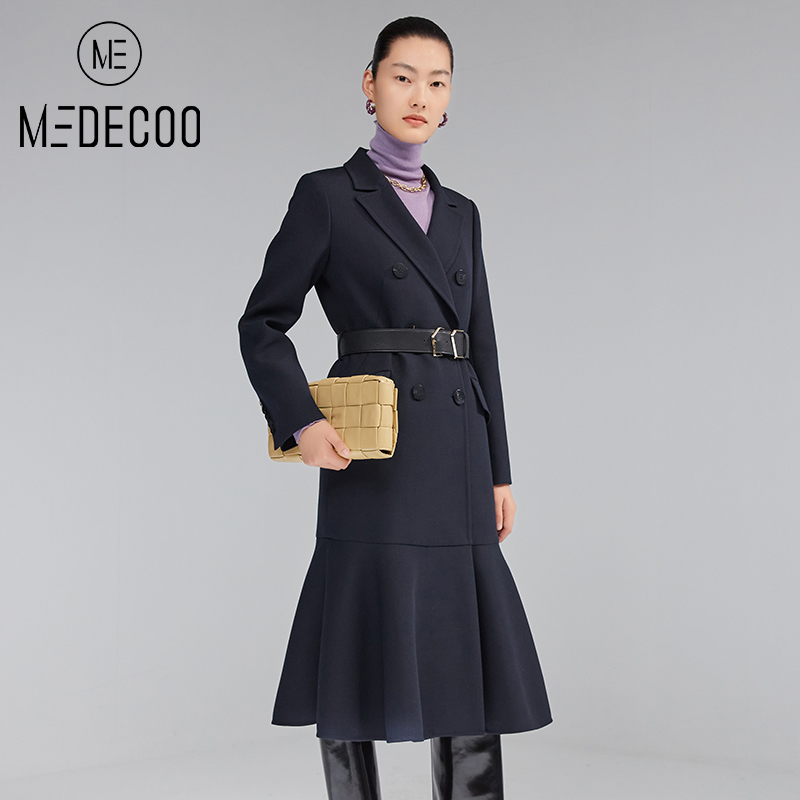 MEDECOO/墨蒂珂冬季新品修身系带鱼尾摆双排扣长款羊毛呢大衣外套 - 图0