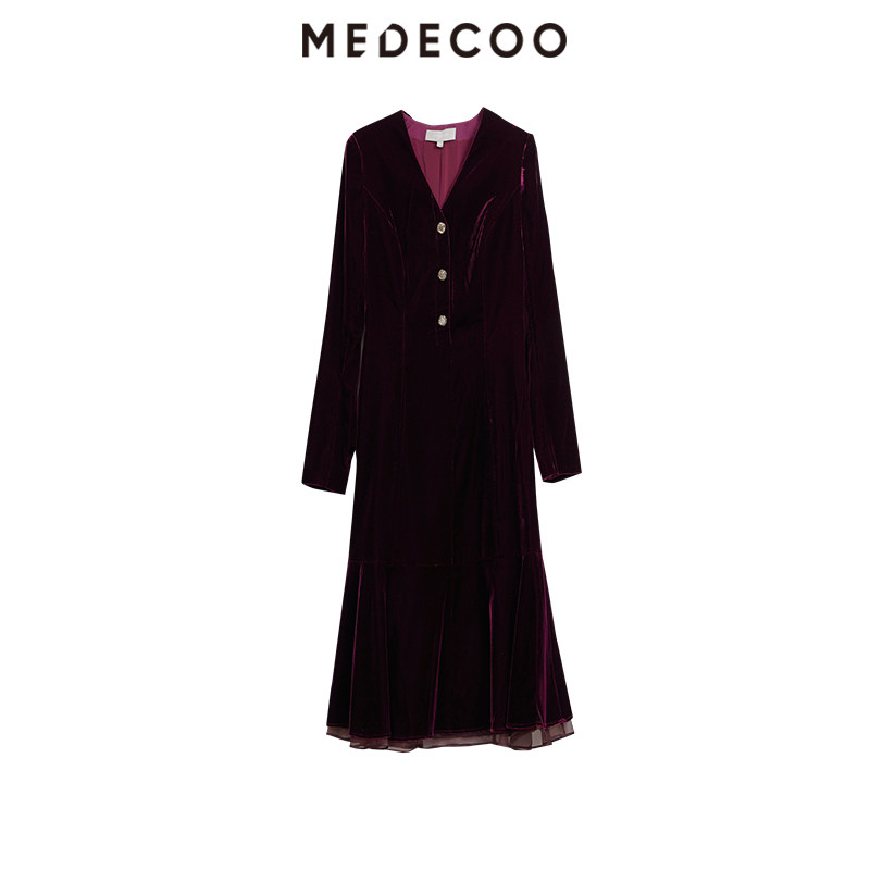 MEDECOO/墨蒂珂2024秋新款女装收腰丝绒连衣裙高级感裙子MID90420,淘宝优惠券,粉丝福利购,淘宝优惠卷