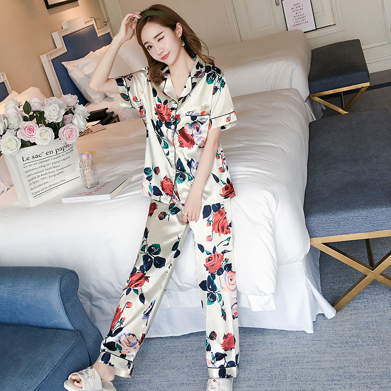 薰魅旗舰店睡衣女冰丝夏季女士两件薄款短袖套装长裤家居服春秋女式丝绸性感2