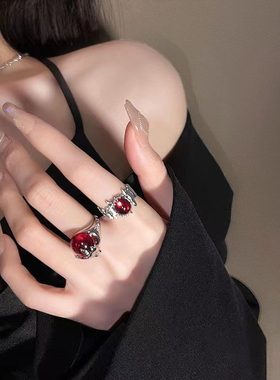 不规则红珠子戒指女ins小众设计冷淡风高级指环时尚气质闺蜜戒指