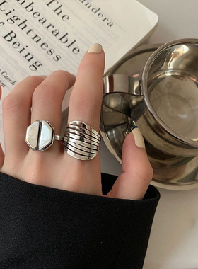 s小众镀银戒指女简约复古多层镂空八边形戒指泰银时尚轻奢百搭指