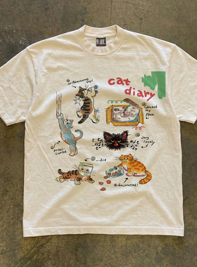 美式复古重磅纯棉小众原创不撞款~cat diary猫咪日记涂鸦印花T恤