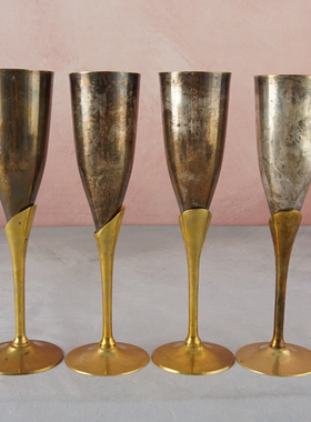 西洋收藏品印度手工制作镀银铜酒杯高杯中古酒具异形酒杯装饰摆件