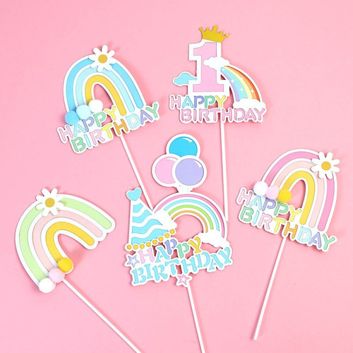 网红生日快乐云朵彩虹公主女神插件星星气球太阳儿童蛋糕装饰插旗 - 图0