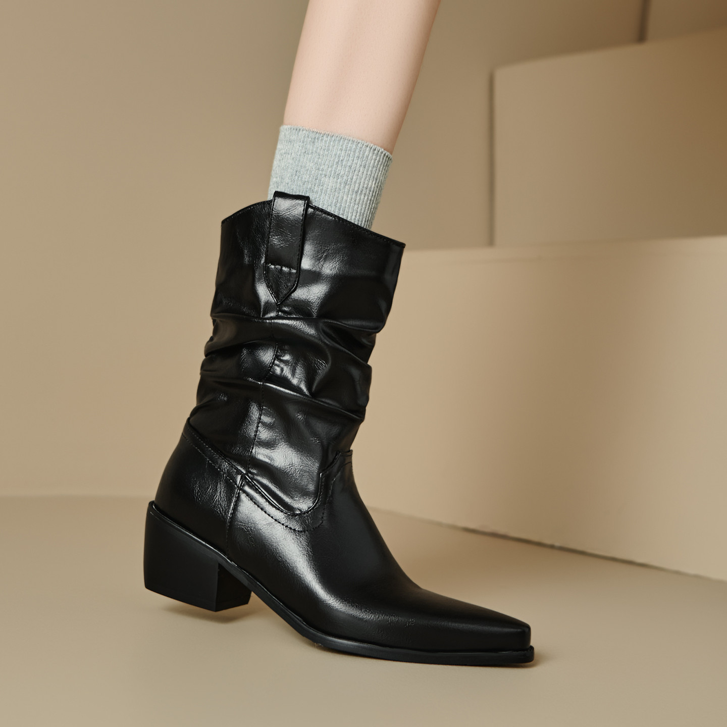 ladyblack美拉德棕色骑士靴女尖头堆堆靴高跟32大小码中筒靴41-43 - 图2