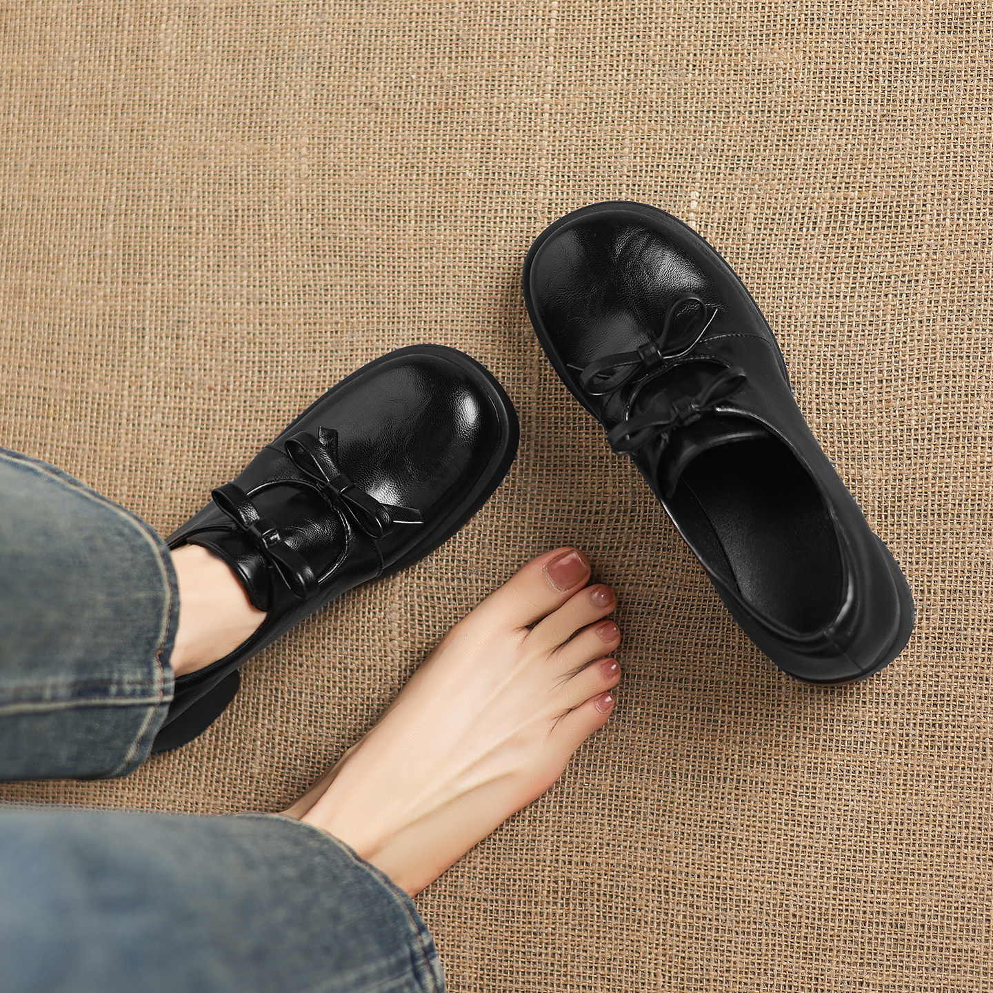 ladyblack蝴蝶结深口单鞋女粗高跟小皮鞋圆头乐福鞋大码单鞋41-43,淘宝优惠券,粉丝福利购,淘宝优惠卷