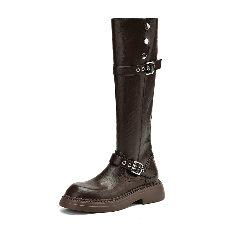ladyblack厚底中跟后拉链皮带扣高筒骑士靴女秋冬大码长靴子41-43,淘宝优惠券,粉丝福利购,淘宝优惠卷