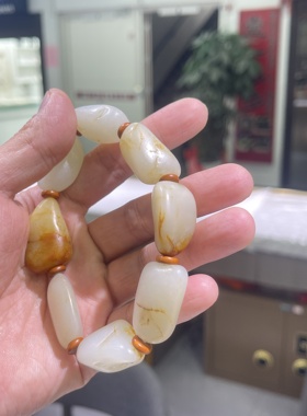 籽料原石手串玉龙河洒金皮白玉男女款玉石手链