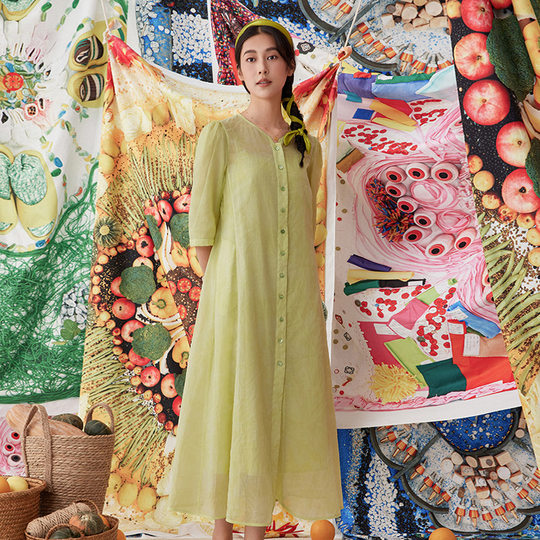 一城画一夏季文艺范高腰气质拼接网纱袖长款连衣裙两件套