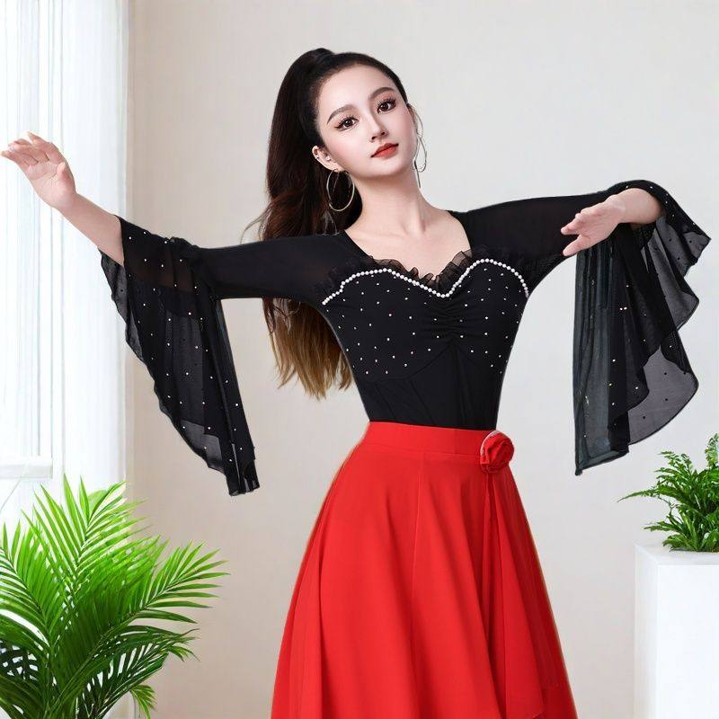 新款拉丁舞服上衣女喇叭袖广场舞服装女吉特巴三步彩网纱烫钻舞衣,淘宝优惠券,粉丝福利购,淘宝优惠卷