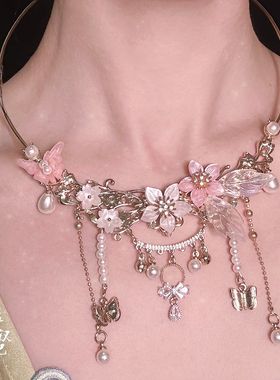 原创汉服保色花朵珍珠项圈铜锆石