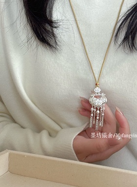 足银999百合花如意流苏银锁项链